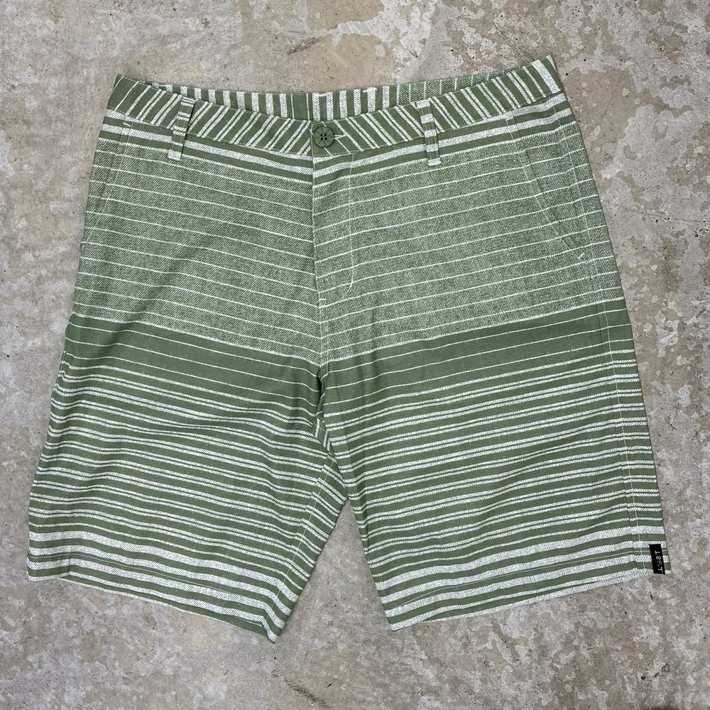 LOST Enterprises Hybrid Shorts Mens 34 Green Stripe Chino 10" Swim Stretch Surf